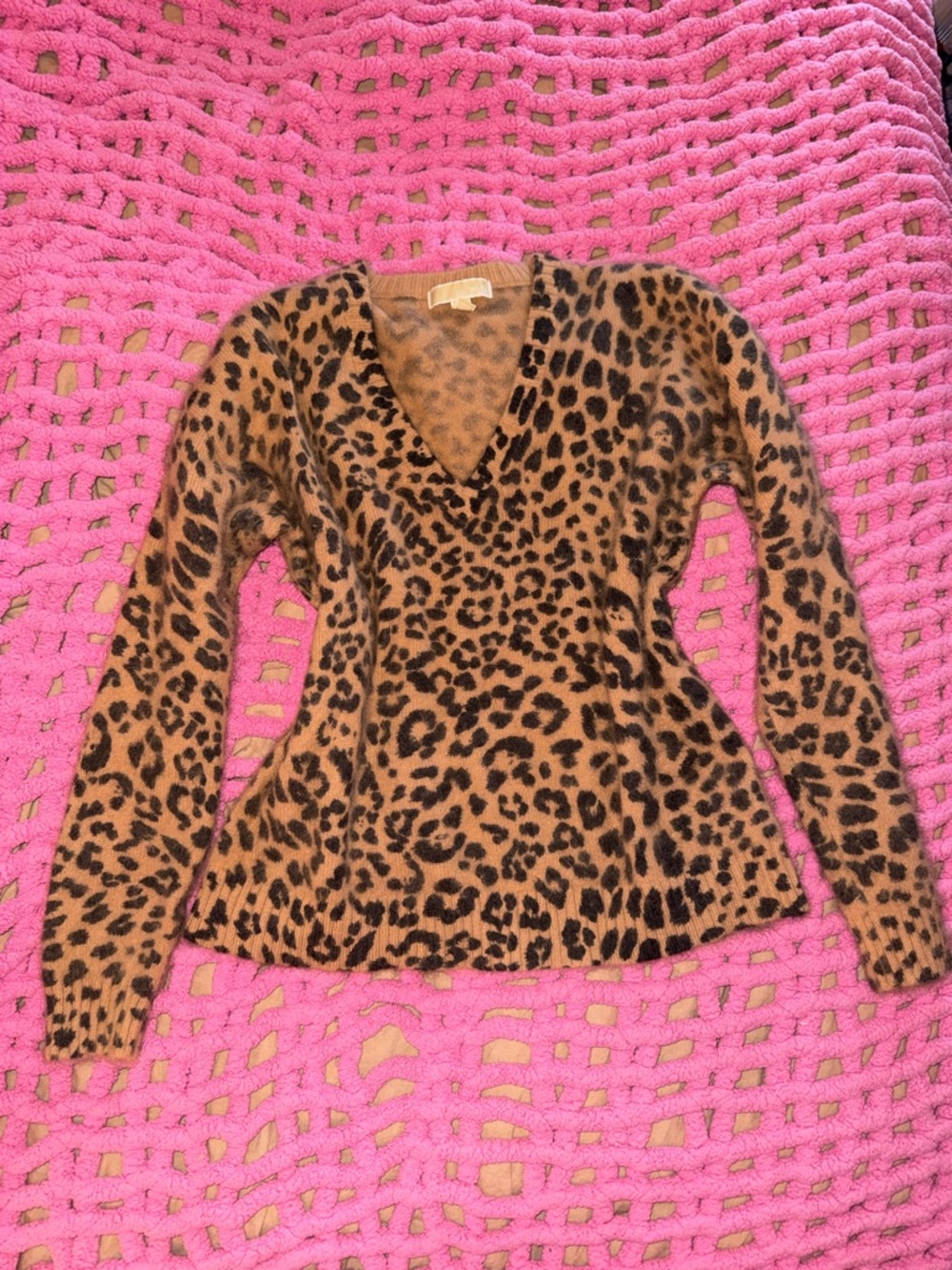 Michael Kors Leopard Print V-Neck Angora Rabbit Hair Sweater - Brown & Black
